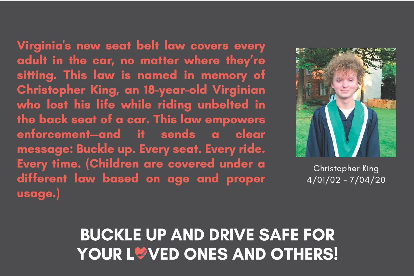 **NEW!!** Christopher King Foundation postcard - new backseat law effective July 1, 2025