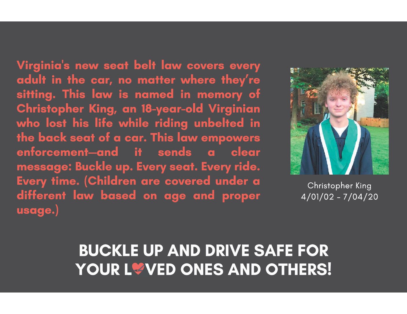 **NEW!** Christopher King Foundation postcard - new backseat law effective July 1, 2025